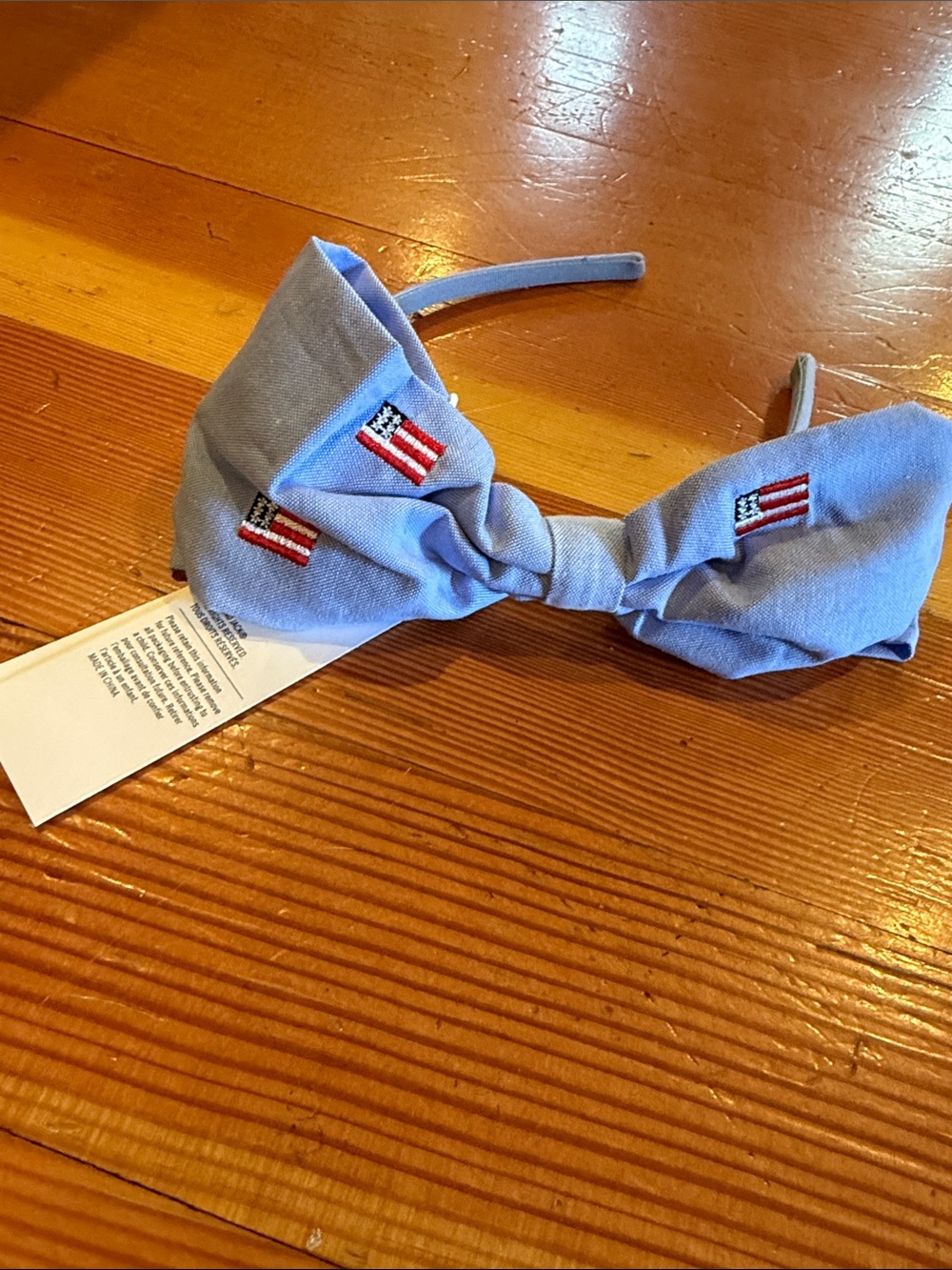 Janie and Jack Light Blue Bow Headband with Flag Embroidery Accents